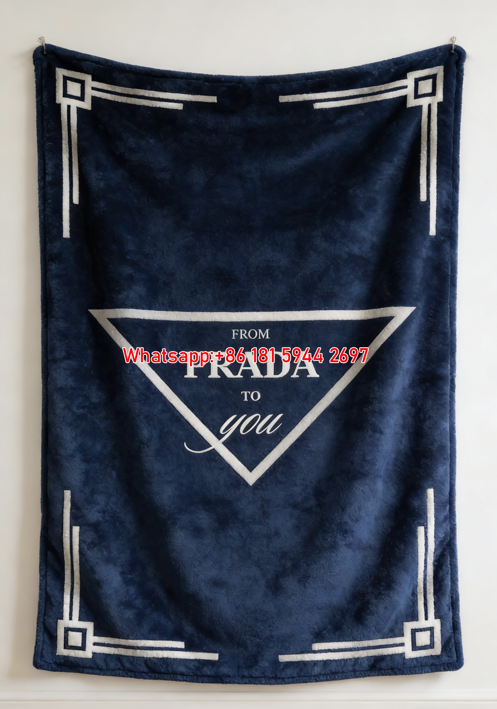 Prada Navy Blue Background Silver Art Deco Border Printed Flannel Throw Blanket IMG_2754